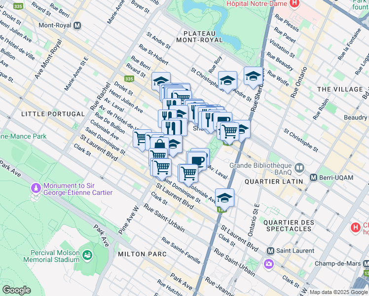 map of restaurants, bars, coffee shops, grocery stores, and more near 3693 Avenue Laval in Montreal
