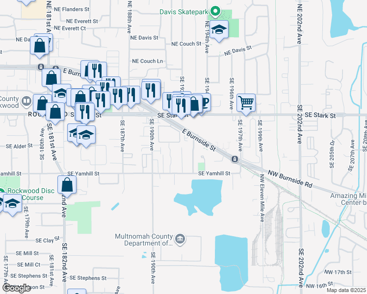 map of restaurants, bars, coffee shops, grocery stores, and more near 19159 Southeast Yamhill Street in Portland