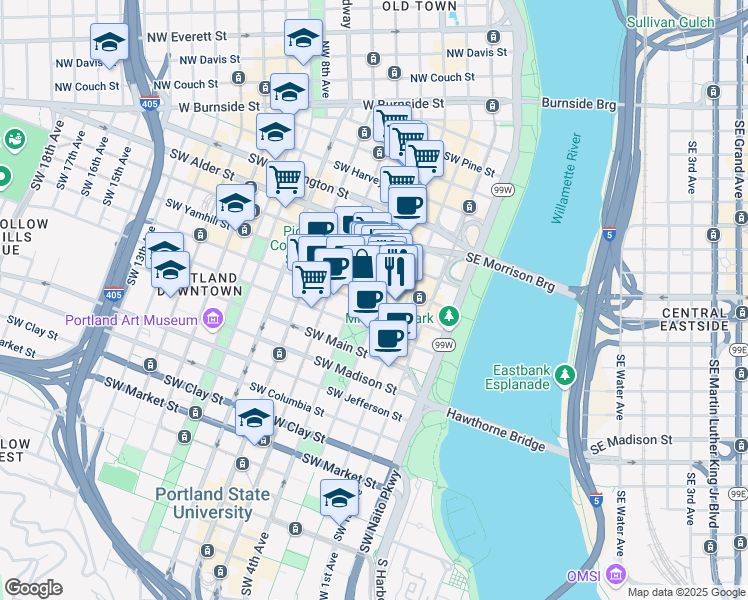 map of restaurants, bars, coffee shops, grocery stores, and more near in Portland