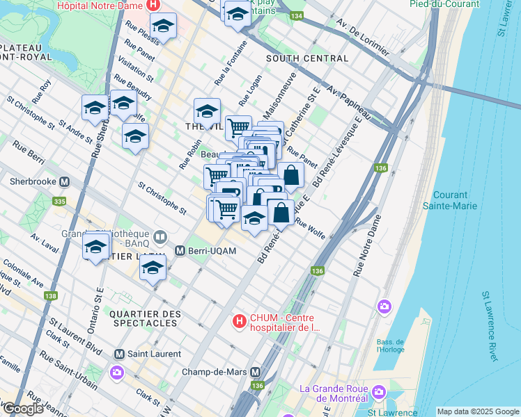 map of restaurants, bars, coffee shops, grocery stores, and more near 1265 Rue Amherst in Montréal