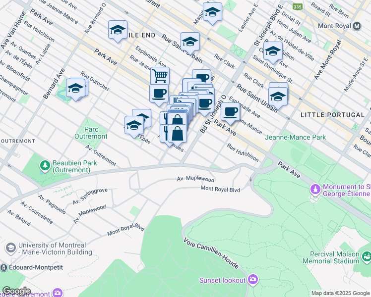 map of restaurants, bars, coffee shops, grocery stores, and more near 433 Boulevard Saint Joseph Ouest in Montréal