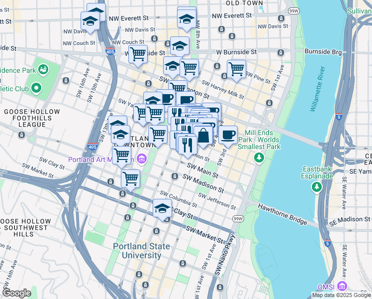 map of restaurants, bars, coffee shops, grocery stores, and more near 638 Southwest 5th Avenue in Portland