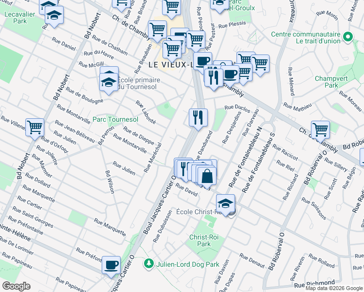 map of restaurants, bars, coffee shops, grocery stores, and more near 465 Boulevard Jacques-Cartier Ouest in Longueuil