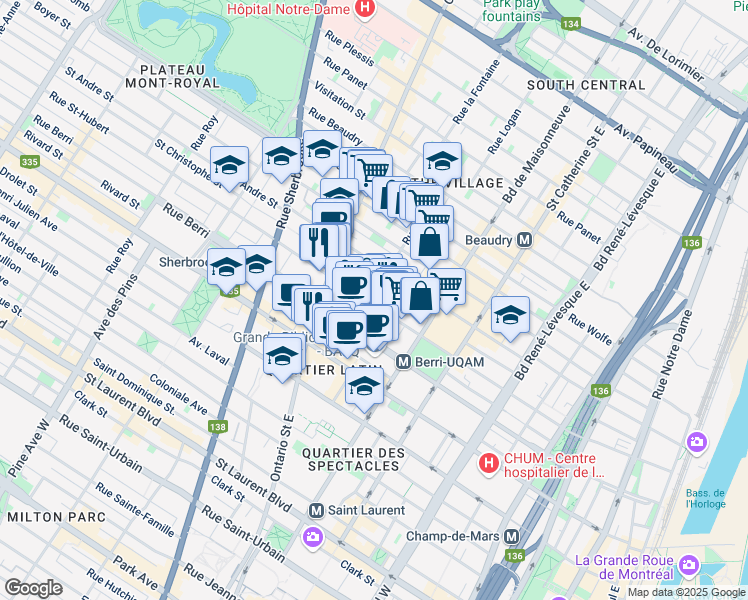 map of restaurants, bars, coffee shops, grocery stores, and more near 1673 Rue Saint-Hubert in Montréal