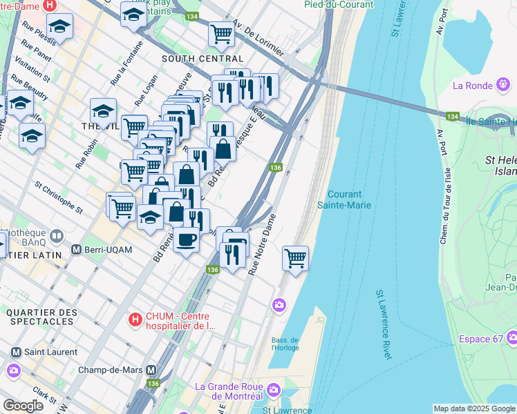 map of restaurants, bars, coffee shops, grocery stores, and more near 1210 Saint Antoine Street East in Montreal