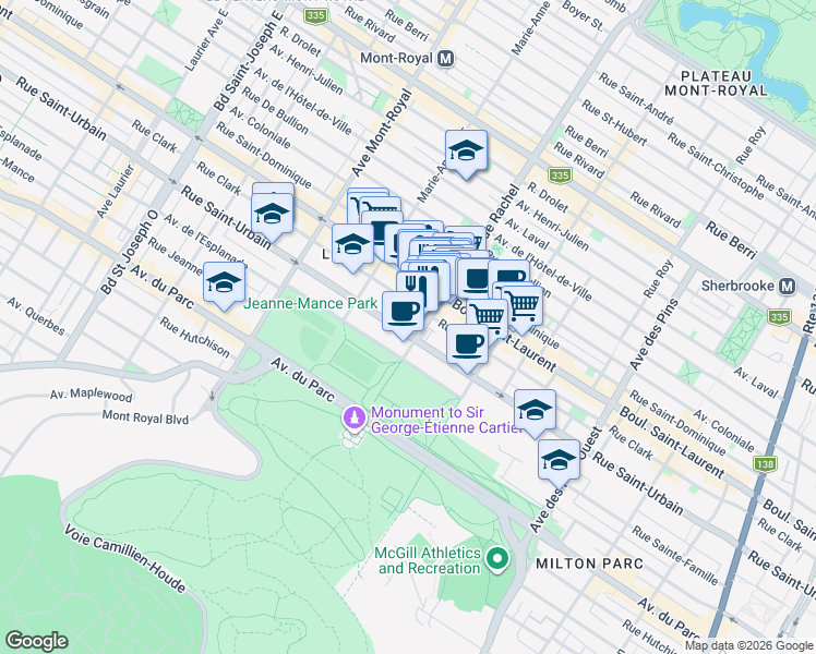 map of restaurants, bars, coffee shops, grocery stores, and more near 4237 Rue Saint-Urbain in Montréal