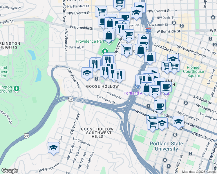 map of restaurants, bars, coffee shops, grocery stores, and more near in Portland