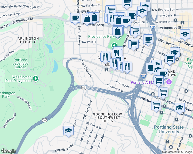 map of restaurants, bars, coffee shops, grocery stores, and more near 2020 Southwest Market Street Drive in Portland