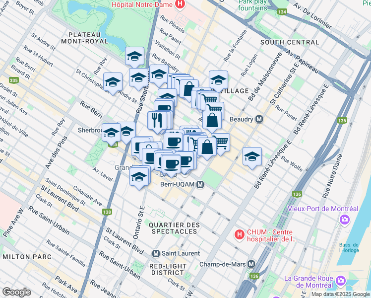 map of restaurants, bars, coffee shops, grocery stores, and more near 1669 Rue Saint-Hubert in Montréal
