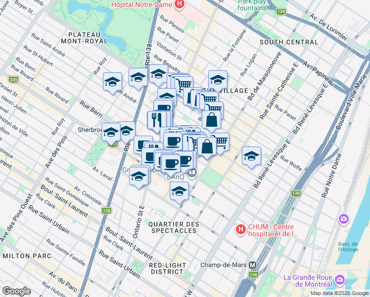 map of restaurants, bars, coffee shops, grocery stores, and more near 1669 Rue Saint-Hubert in Montréal