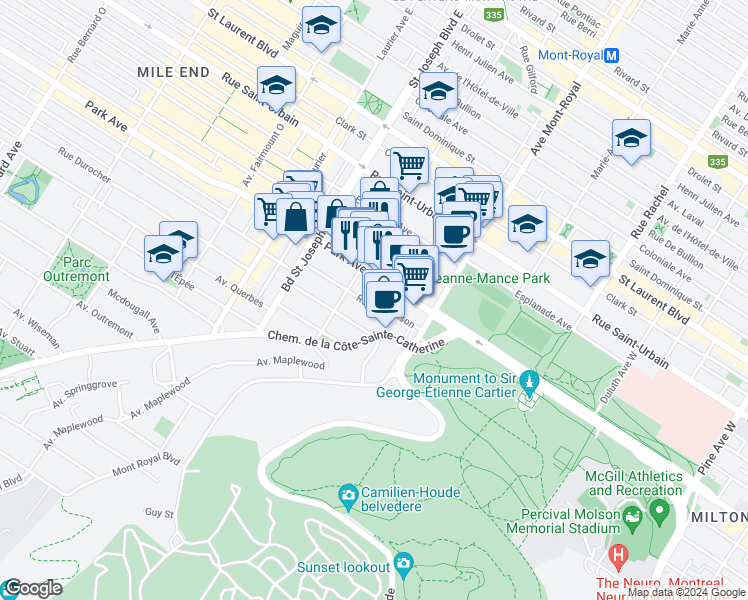 map of restaurants, bars, coffee shops, grocery stores, and more near 4617 Rue Hutchison in Montrã©Al