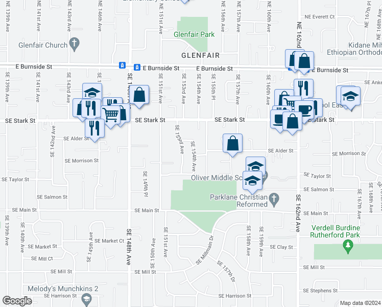 map of restaurants, bars, coffee shops, grocery stores, and more near 667 Southeast 154th Avenue in Portland