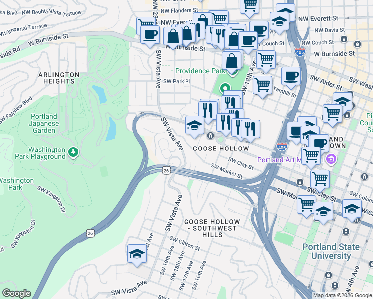 map of restaurants, bars, coffee shops, grocery stores, and more near 2020 Southwest Market Street Drive in Portland