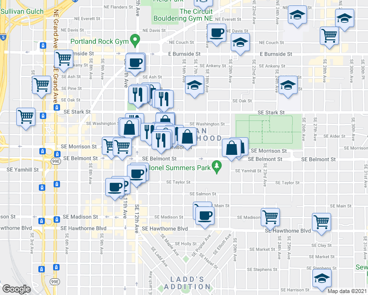 map of restaurants, bars, coffee shops, grocery stores, and more near SE Morrison St & SE 16th Ave in Portland