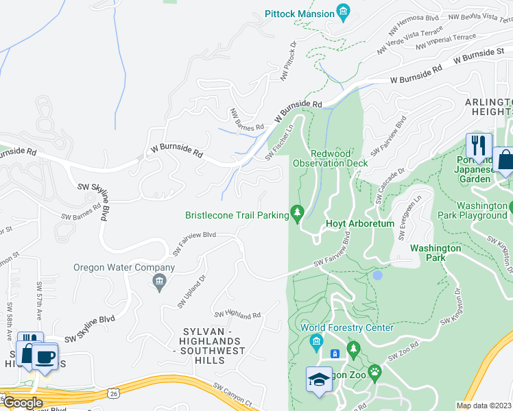 map of restaurants, bars, coffee shops, grocery stores, and more near 4315 Southwest Fairview Circus in Portland