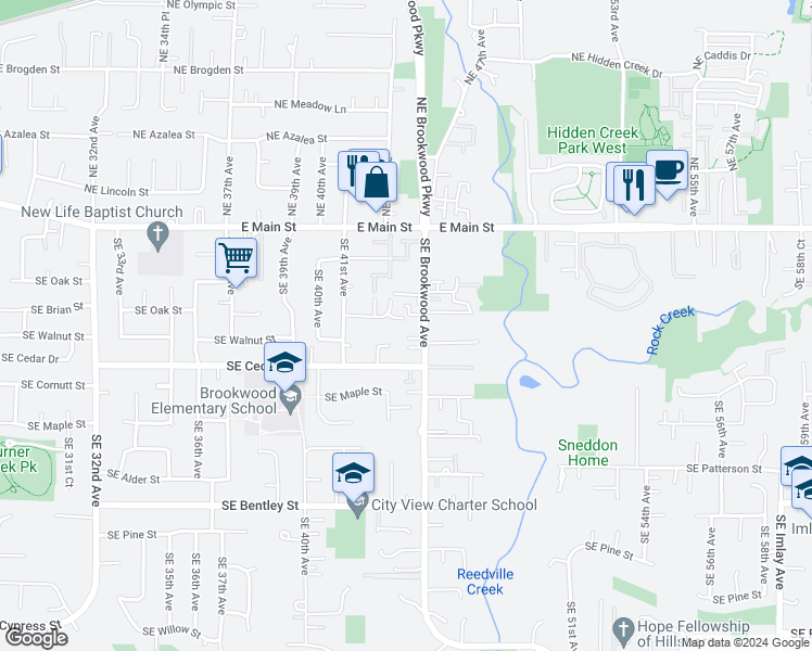 map of restaurants, bars, coffee shops, grocery stores, and more near 4298 Southeast Oak Street in Hillsboro
