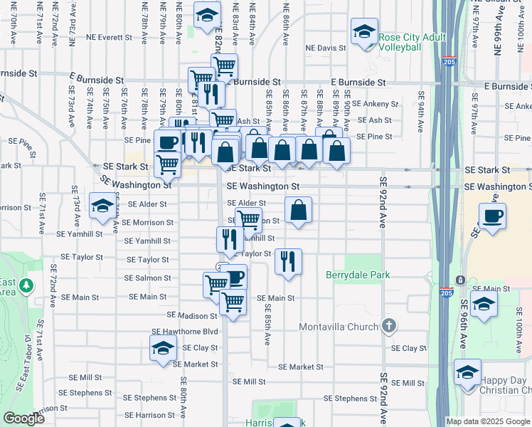 map of restaurants, bars, coffee shops, grocery stores, and more near 8518 Southeast Alder Street in Portland