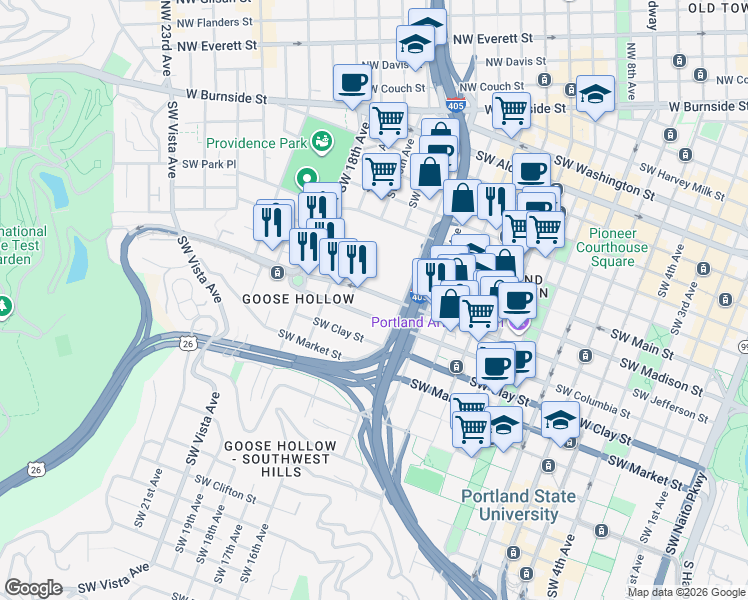 map of restaurants, bars, coffee shops, grocery stores, and more near 1450 Southwest Jefferson Street in Portland