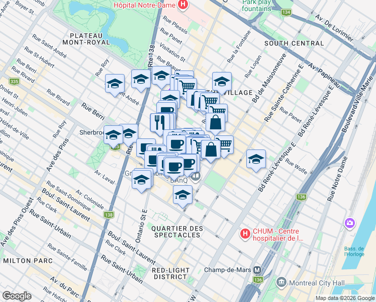 map of restaurants, bars, coffee shops, grocery stores, and more near 1671 Rue Saint-Hubert in Montréal