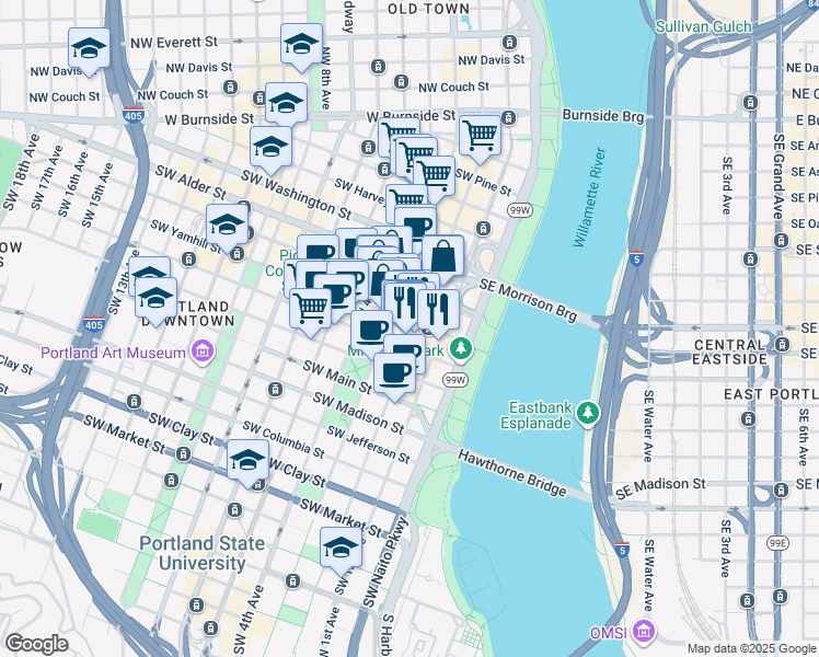 map of restaurants, bars, coffee shops, grocery stores, and more near 722 Southwest 2nd Avenue in Portland