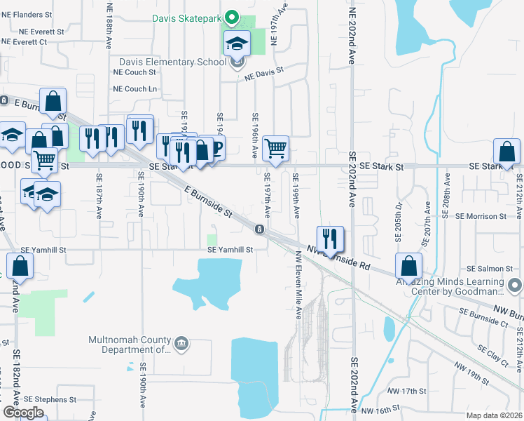 map of restaurants, bars, coffee shops, grocery stores, and more near 730 Southeast 197th Avenue in Portland