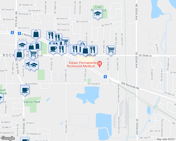 map of restaurants, bars, coffee shops, grocery stores, and more near 19244 East Burnside Street in Portland