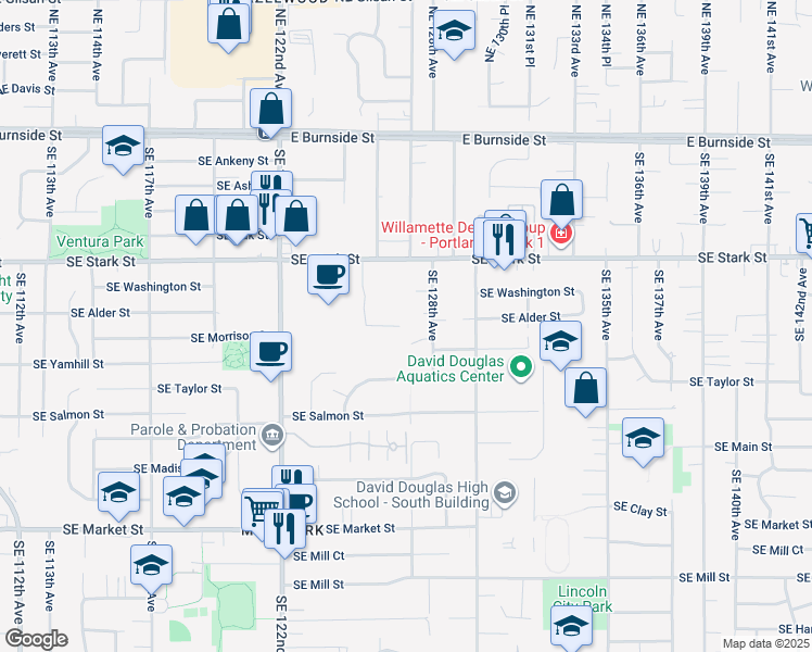map of restaurants, bars, coffee shops, grocery stores, and more near 12640 Southeast Stark Street in Portland
