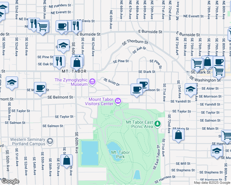 map of restaurants, bars, coffee shops, grocery stores, and more near 6539 Southeast Morrison Street in Portland