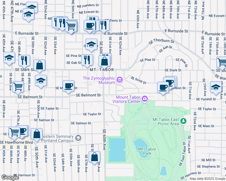 map of restaurants, bars, coffee shops, grocery stores, and more near 722 Southeast 61st Avenue in Portland