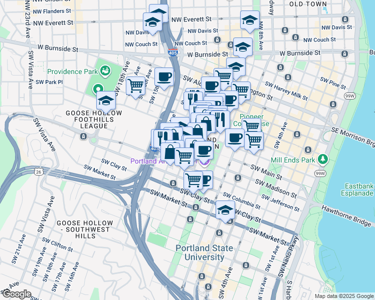 map of restaurants, bars, coffee shops, grocery stores, and more near in Portland