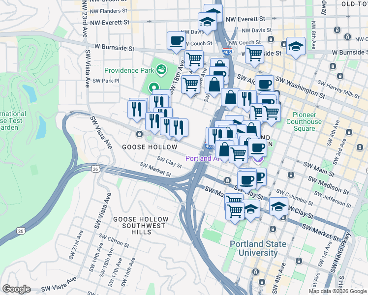 map of restaurants, bars, coffee shops, grocery stores, and more near 1501 Southwest Jefferson Street in Portland