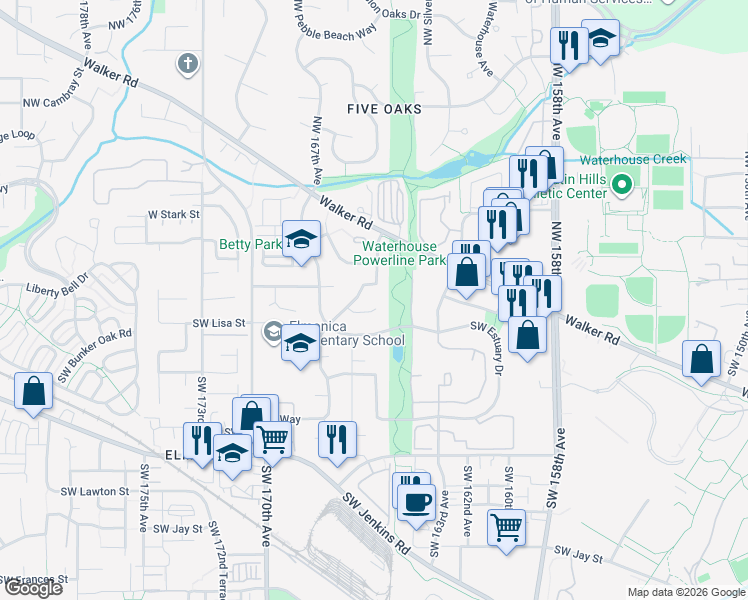 map of restaurants, bars, coffee shops, grocery stores, and more near 280 Southwest Delta Drive in Beaverton