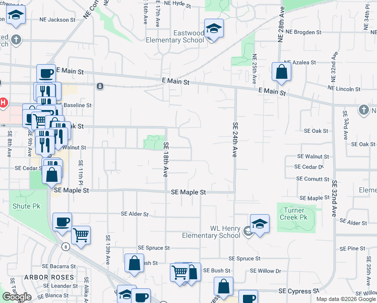 map of restaurants, bars, coffee shops, grocery stores, and more near 1969 Southeast Walnut Street in Hillsboro