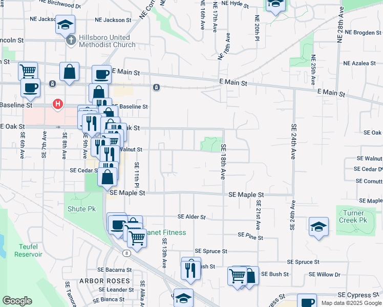 map of restaurants, bars, coffee shops, grocery stores, and more near 1525 Southeast Walnut Street in Hillsboro
