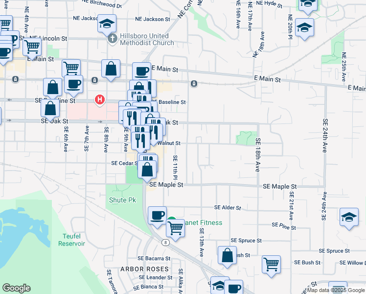 map of restaurants, bars, coffee shops, grocery stores, and more near 1224 Southeast Walnut Street in Hillsboro