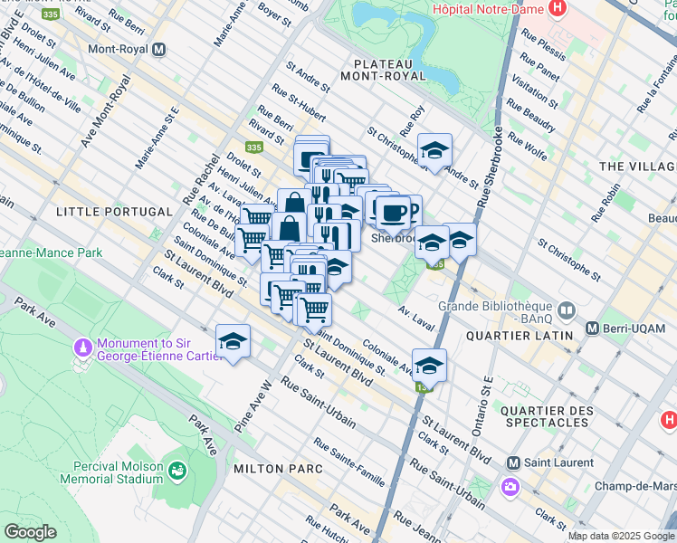 map of restaurants, bars, coffee shops, grocery stores, and more near 3748 Avenue Laval in Montréal