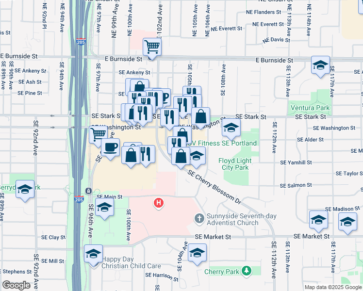 map of restaurants, bars, coffee shops, grocery stores, and more near 10530 Southeast Washington Street in Portland