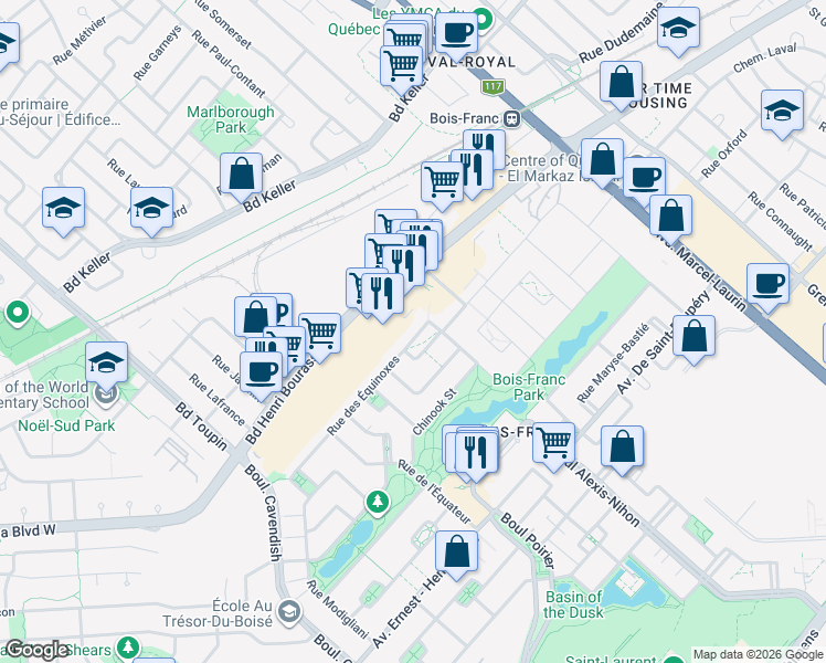 map of restaurants, bars, coffee shops, grocery stores, and more near 2491 Rue des Équinoxes in Montréal