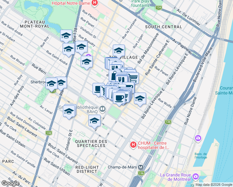 map of restaurants, bars, coffee shops, grocery stores, and more near 1561 Rue Saint-André in Montréal