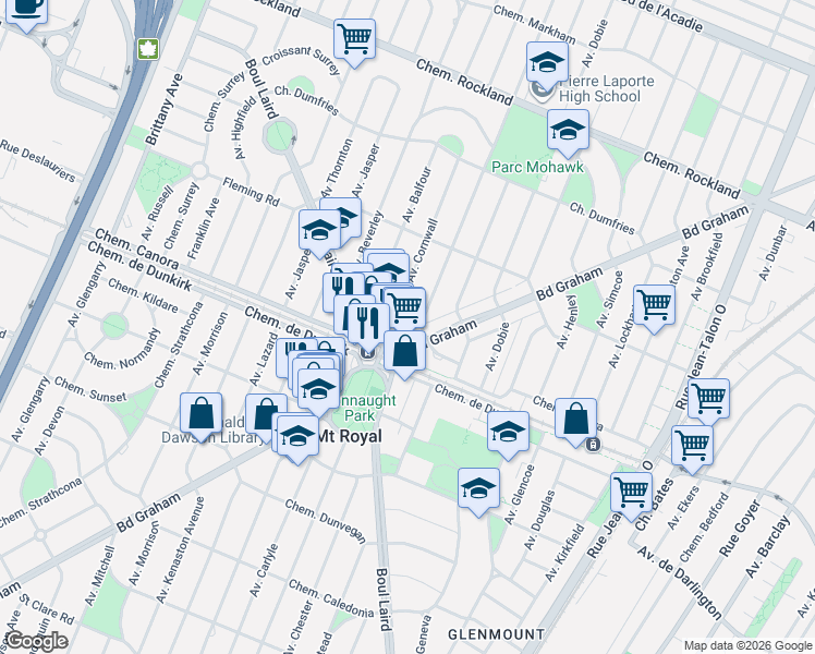 map of restaurants, bars, coffee shops, grocery stores, and more near 1270 Chemin Regent in Mont-Royal