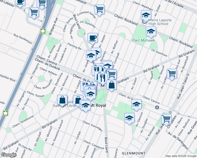 map of restaurants, bars, coffee shops, grocery stores, and more near 1255 Boulevard Laird in Mont-Royal