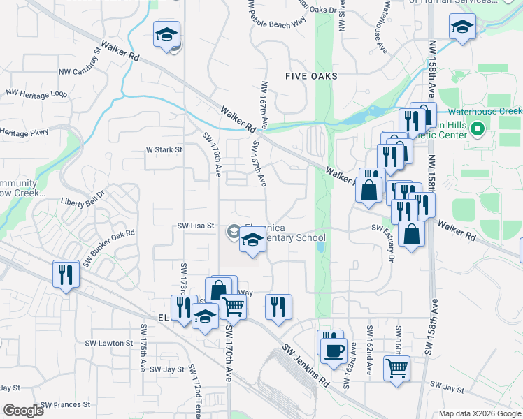 map of restaurants, bars, coffee shops, grocery stores, and more near 335 Southwest 167th Avenue in Beaverton