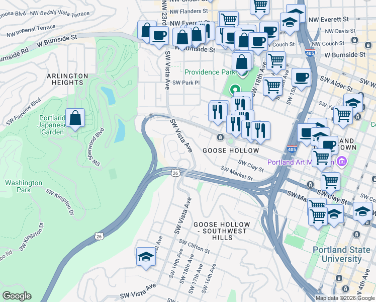 map of restaurants, bars, coffee shops, grocery stores, and more near 1729 Southwest Prospect Drive in Portland