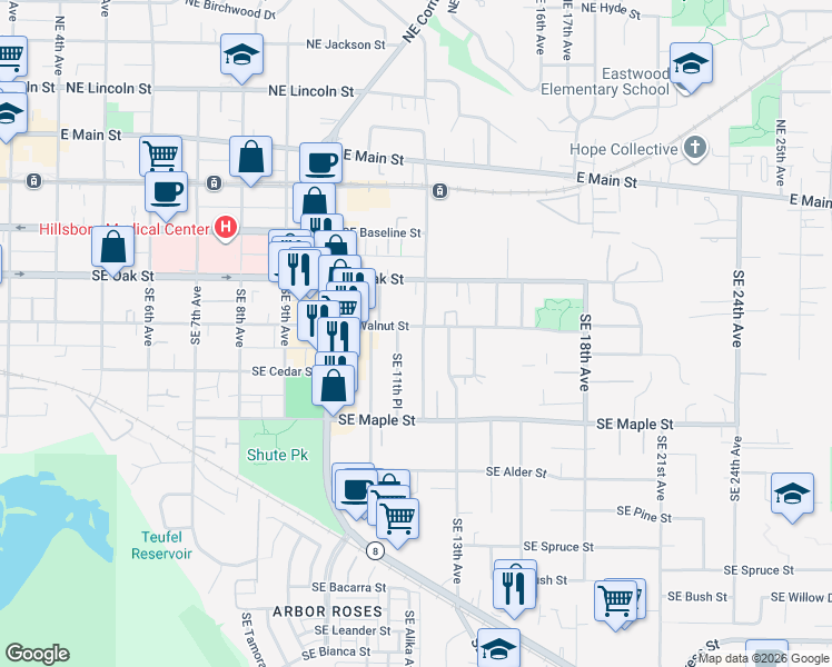 map of restaurants, bars, coffee shops, grocery stores, and more near 1224 Southeast Walnut Street in Hillsboro