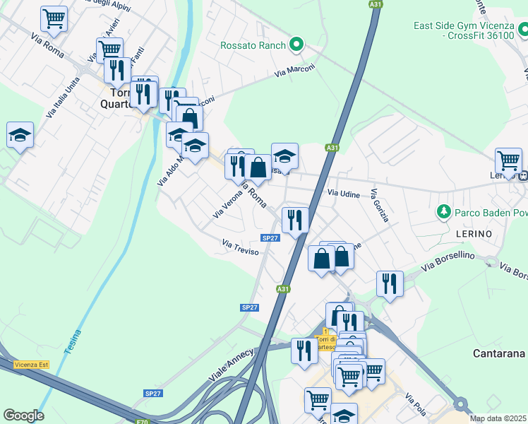 map of restaurants, bars, coffee shops, grocery stores, and more near 133 Via Roma in Torri di Quartesolo