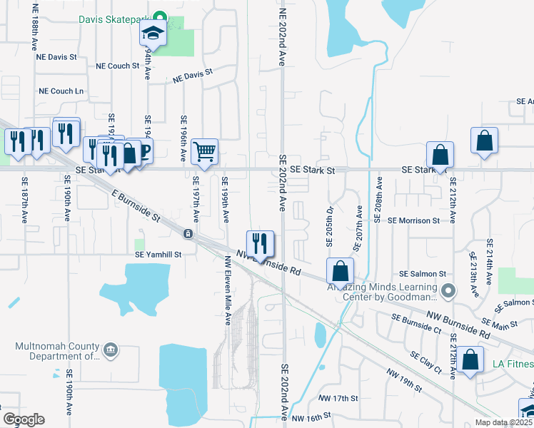 map of restaurants, bars, coffee shops, grocery stores, and more near 725 Southeast 202nd Avenue in Portland