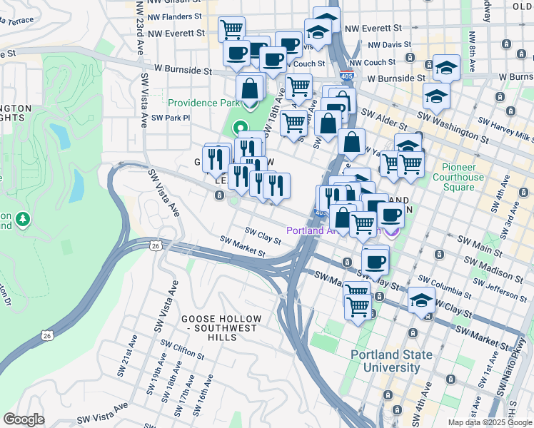 map of restaurants, bars, coffee shops, grocery stores, and more near 1628 Southwest Jefferson Street in Portland