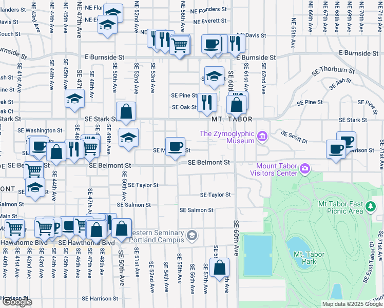 map of restaurants, bars, coffee shops, grocery stores, and more near 5616 Southeast Morrison Street in Portland