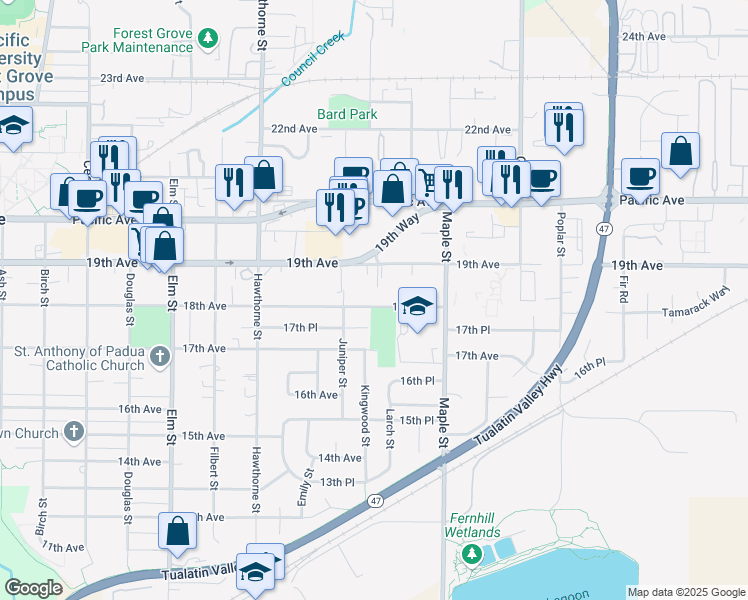 map of restaurants, bars, coffee shops, grocery stores, and more near 3005 18th Avenue in Forest Grove