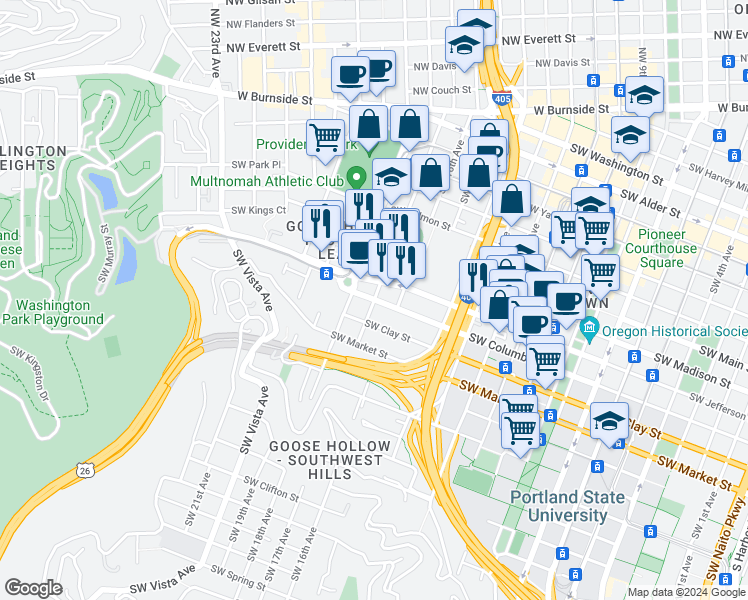 map of restaurants, bars, coffee shops, grocery stores, and more near SW Columbia St & SW 17th Ave in Portland